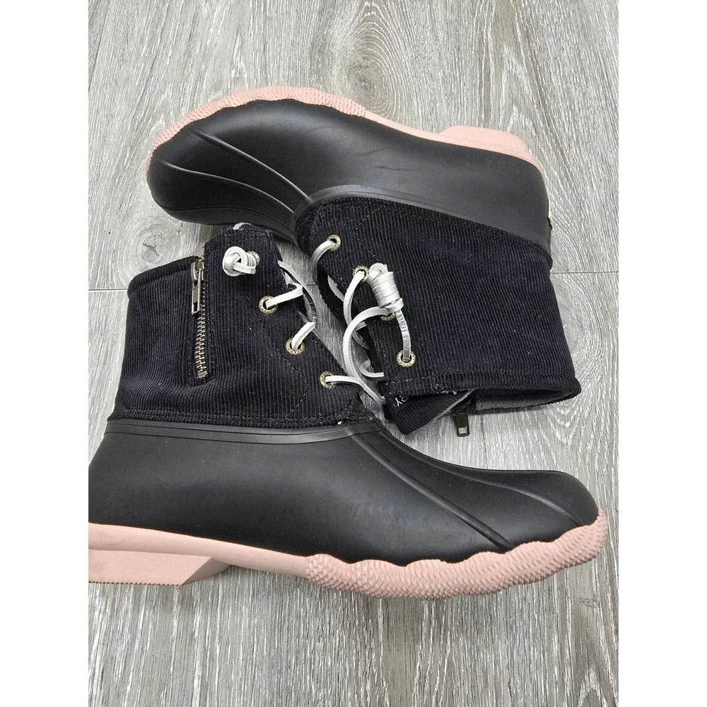 Sperry Saltwater Corduroy‎ Duck Boots Womens 7 Black Pink Side Zip STS85323